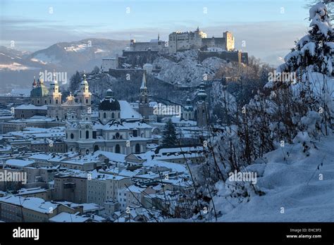 Salzburg old town covered with snow, last sun, Austria Stock Photo - Alamy