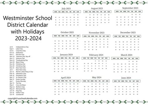 Westminster School District Calendar with Holidays 2023-2024