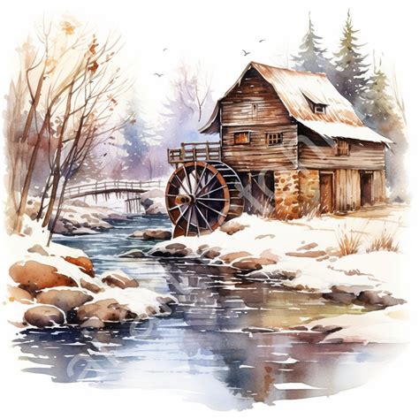 Watercolor Winter Mill River 10 High-quality Jpgs Clipart , Digital ...