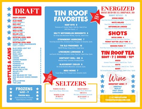 Tin Roof menu in Birmingham, Alabama, USA