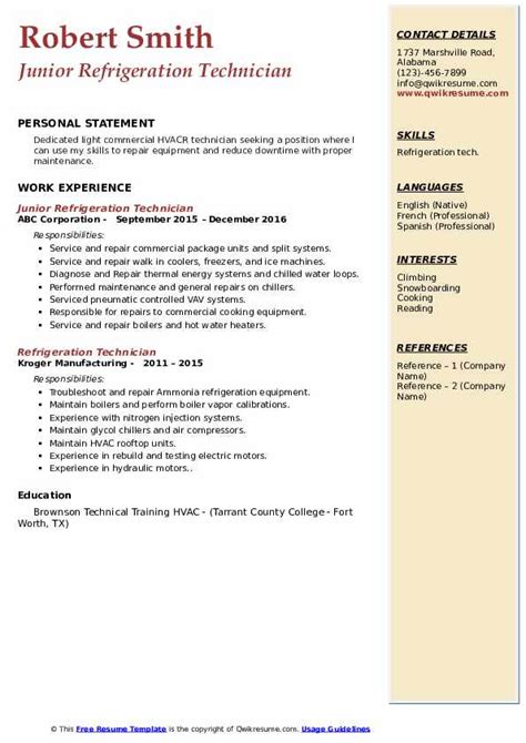 Refrigeration Technician Resume Samples | QwikResume