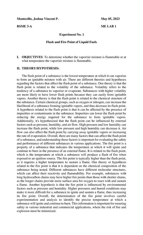 Experiment No. 1 Flash and Fire Point of Liquid Fuels - Montecillo ...