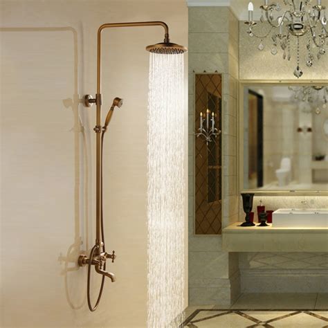 Luxury Traditional Rainfall Exposed Shower System with Tub Spout & Handheld Shower in Antique ...