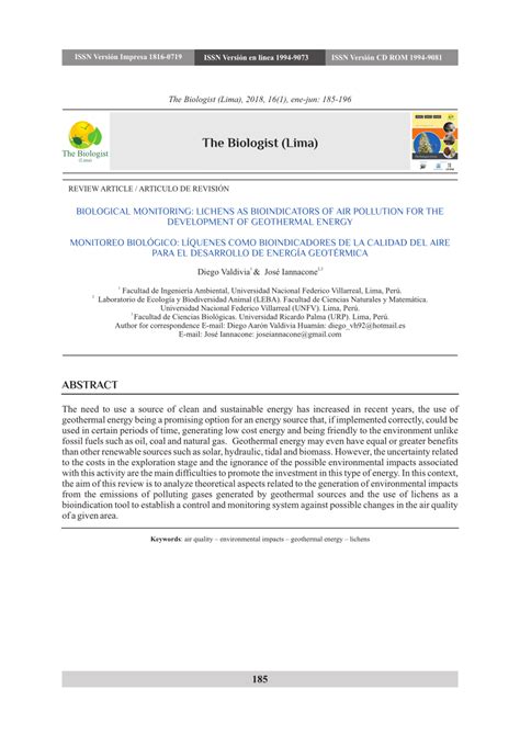 (PDF) BIOLOGICAL MONITORING: LICHENS AS BIOINDICATORS OF AIR POLLUTION ...