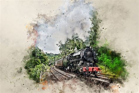 Vintage steam engine canvas art print watercolour effect – Alan Hill Art