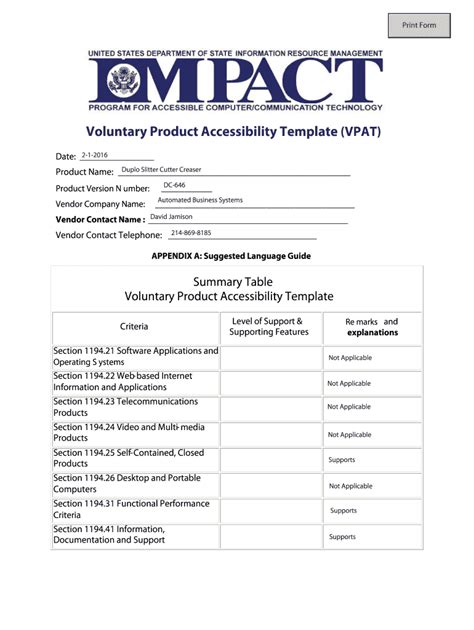 Template Vpat Form Sample - Fill Online, Printable, Fillable, Blank ...