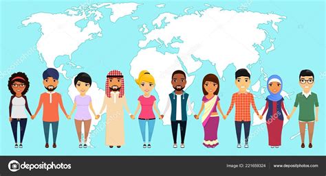 Young People Different Nationalities Background World Map Holding Each Other's Stock Vector by ...