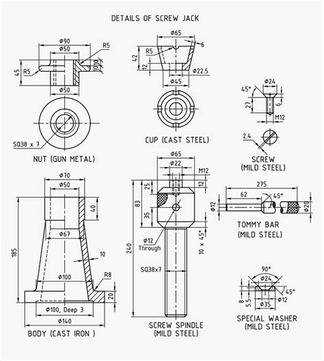 Machine Drawing Screw Jack - Screw Jack Assembly Drawing, HD Png Download , Transparent Png ...