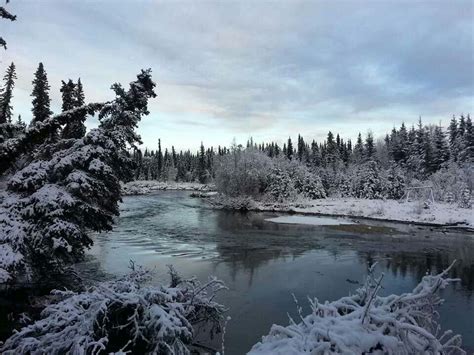 a river surrounded by snow covered trees and evergreens in the distance ...