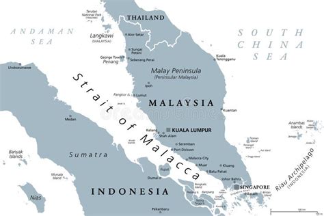 Strait of Malacca, a Main Shipping Channel and Lane, Gray Political Map ...