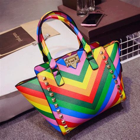 2015 new women handbags colorful beach rainbow bag fashion rivet women ...