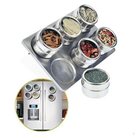 6 Pieces Magnetic Stainless Steel Cruet Condiment Spice Jars Set Salt and Pepper Shakers ...