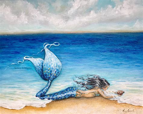 Mermaid on beach art, coastal home decor, fantasy seashell print in 2020 | Beach art, Beach ...