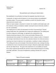 recrystallization lab report.pdf - Zabiba Husen 1/30/2021 Section L01 Recrystallization and ...