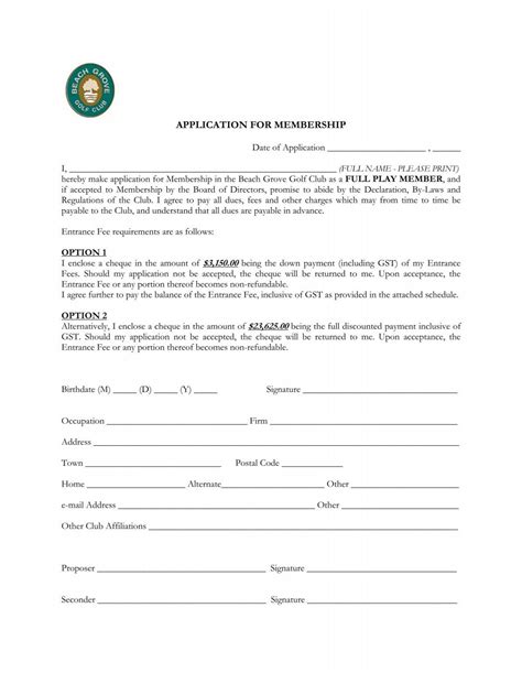 APPLICATION FOR MEMBERSHIP - Beach Grove Golf Club