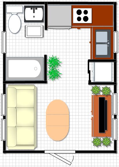 Tiny Home Plan 12x16 with mobile home size tub, full size fridge, futon bed, and stack washer ...