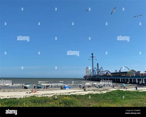 Pleasure Pier with carnival rides at the beach in Galveston, Texas ...