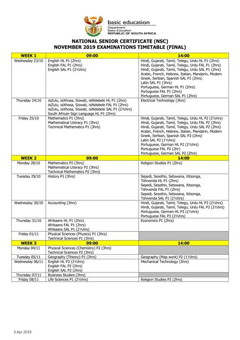 Matric 2019 Final Exam Timetable | Digital Street