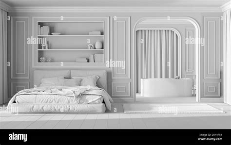 Total white project draft, classic bedroom and bathroom. Modern bed and carpet, arched walls ...