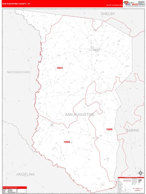 San Augustine County, TX Zip Code Wall Map Red Line Style by MarketMAPS