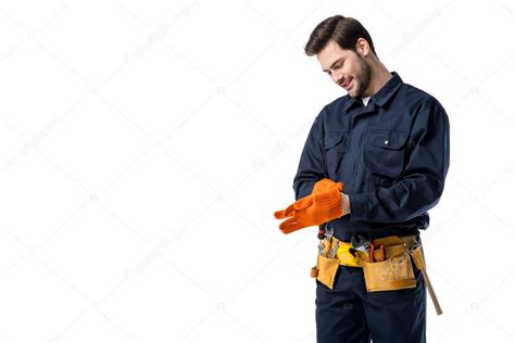 Smiling Plumber Uniform Wearing Protective Gloves Isolated White ...