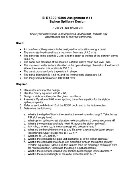 Assignment 11 - Siphon Spillway Design | BIE 5300 - Docsity