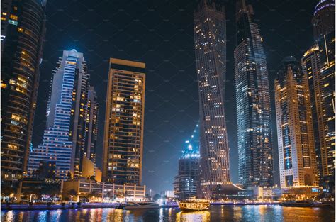 Night View Of Dubai Marina Towers | Architecture Stock Photos ~ Creative Market