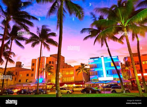 Miami Beach South Beach sunset in Ocean Drive Florida Art Deco Stock Photo - Alamy