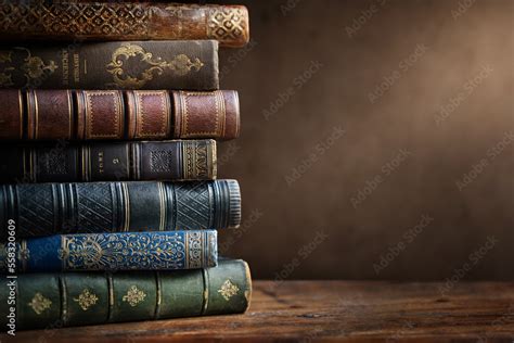 Old books on wooden desk and ray of light. Bookshelf history theme grunge background. Concept on ...