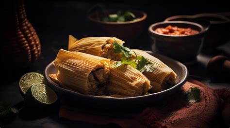 Premium AI Image | A plate of tamales with a bowl of salsa on the side