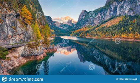 View from Flying Drone of Gosausee Vorderer Lake with Dachstein ...