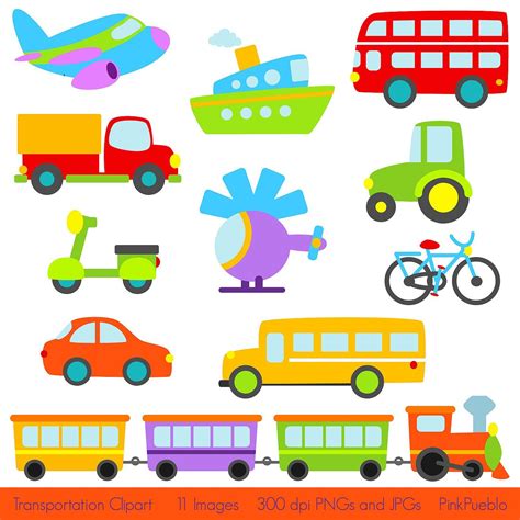 Transportation Clip Art Clipart with Car, Truck, Train, Tractor, Helicopter, Plane, Boat, Bus ...