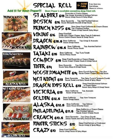 Sushi Park menu in St. Albert, Alberta, Canada