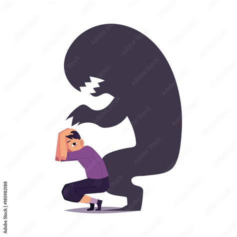 Fear, phobia shown as scary black monster shadow hanging over frightened man, cartoon vector ...