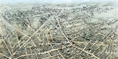 Historic old map shows a bird's eye view of Meriden, Connecticut in 1875