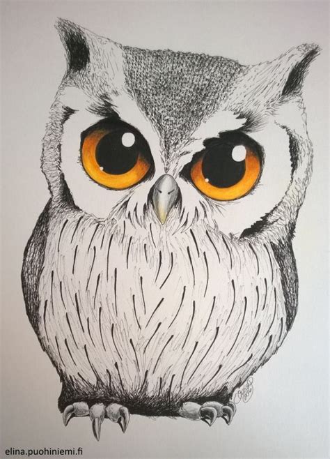 an owl with orange eyes is shown in this drawing