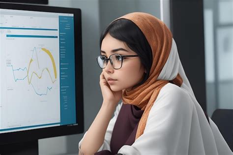 Premium AI Image | Female employee looking at graphs on computer screen working remotely work at ...