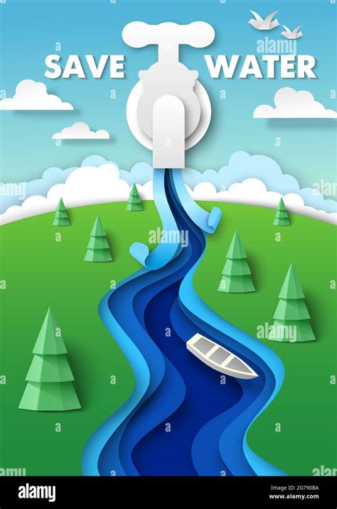 Save water poster design template. Paper cut water coming out of faucet ...