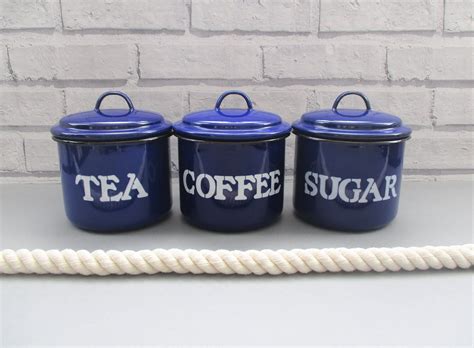 Vintage Enamel Tea Coffee Sugar Canisters Blue and White Silesia Made in Poland Text Kitchenalia ...