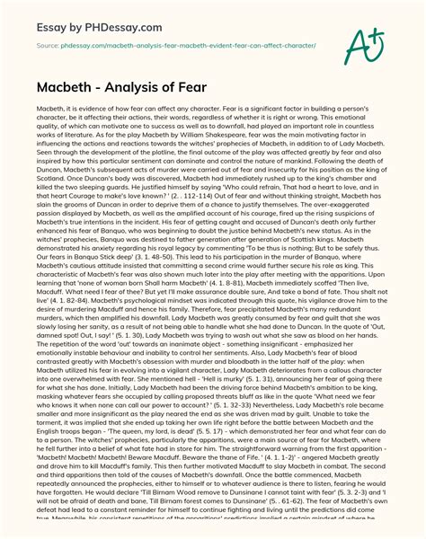 Macbeth - Analysis Of Fear Essay Example - PHDessay.com