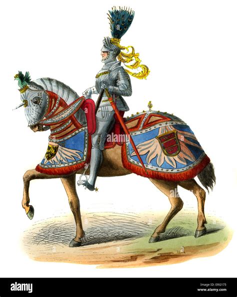 Emperor Maximilian I, of Habsburg, Holy Roman Emperor, shown atop a horse which wears ...