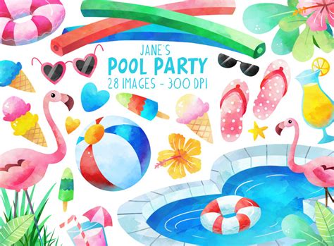 Watercolor Pool Party Clipart Summer Clipart Instant | Etsy