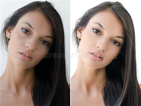 Portrait of a Beautiful Brunette Girl before and after Retouching with Photoshop. Stock Image ...