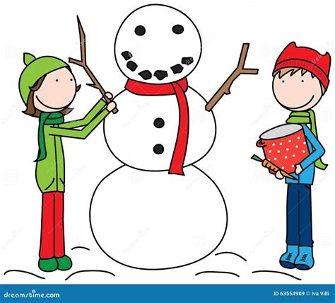 Happy Kids Building a Snowman Stock Vector - Illustration of happy, scarf: 63554909