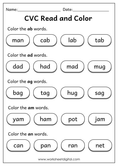 CVC Words Read and Color - Worksheet Digital