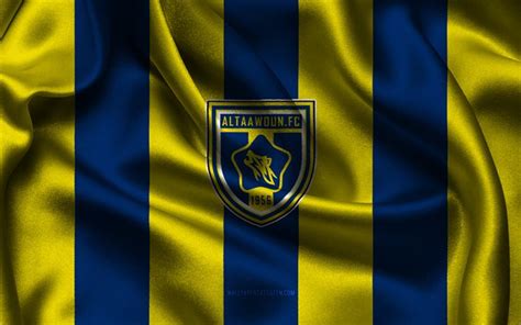 Download 4k, Al Taawoun FC logo, yellow blue silk fabric, Saudi football team, Al Taawoun FC ...