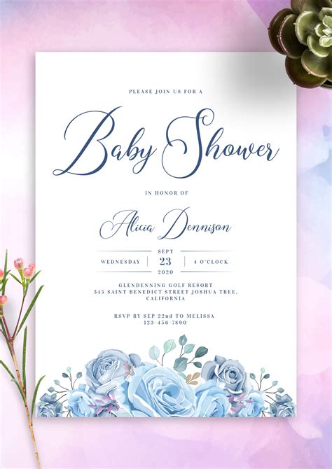 Download Printable Floral Blue Baby Shower Invitation PDF