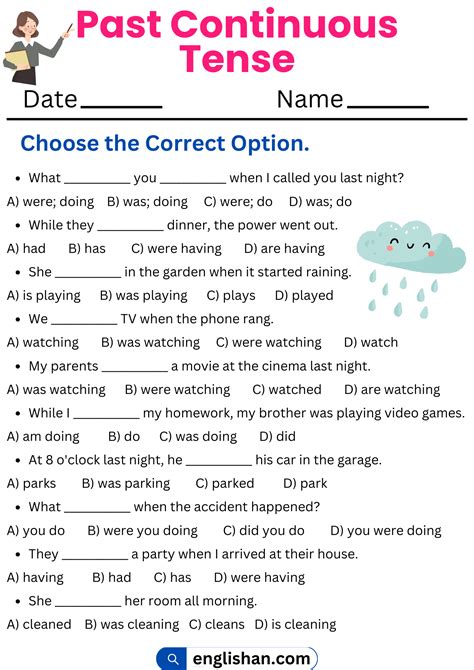 Past Continuous Tense Worksheets and Exercises with Answers