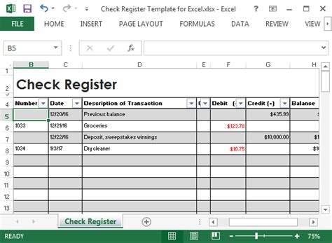 Check Register Template For Excel