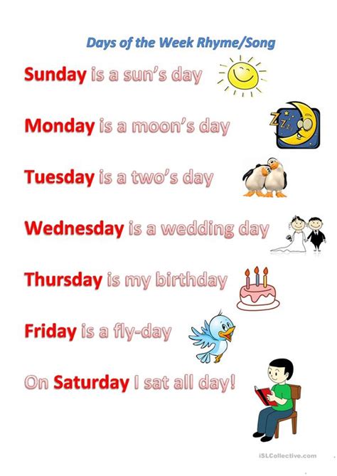 Days of the week rhyme/song worksheet - Free ESL printable worksheets ...